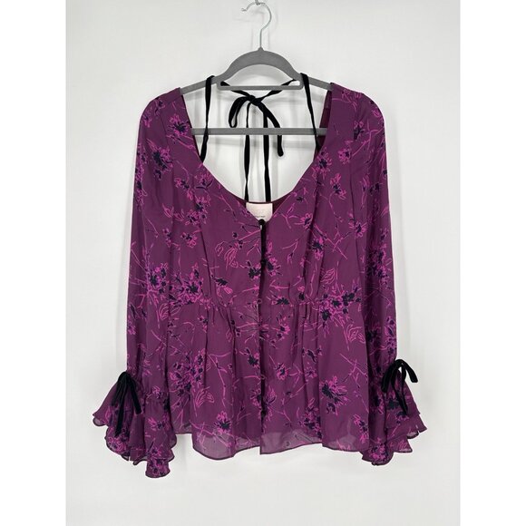 CINQ A SEPT Size Medium MABEL PURPLE FLORAL SILK BLACK VELVET RUFFLE BLOUSE TOP - Picture 8 of 16